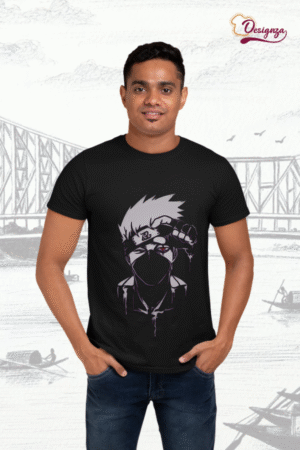 Bio-Washed Cotton Polo Black T-Shirt with Anime Design